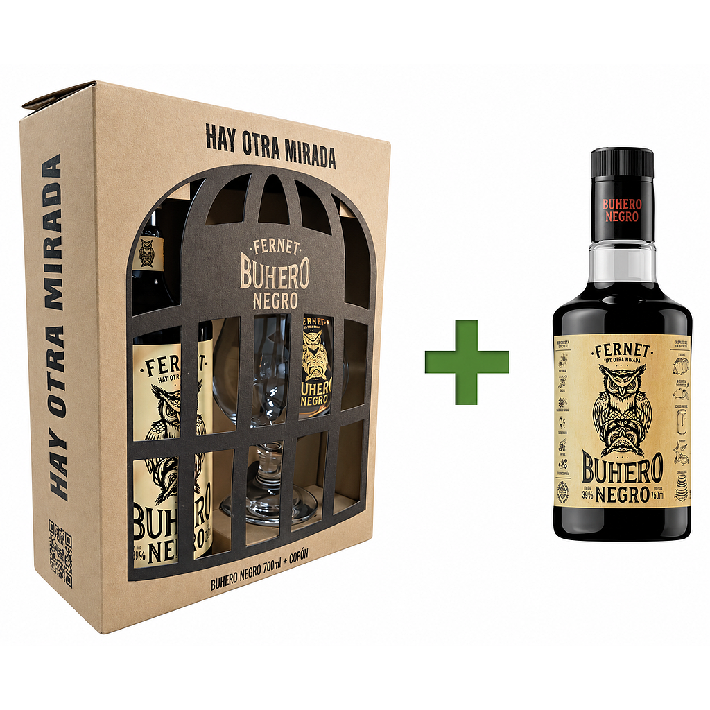 Promo x1 Estuche Fernet Buhero Negro 700cc + 1 Copa + 1 Buhero Negro 450cc