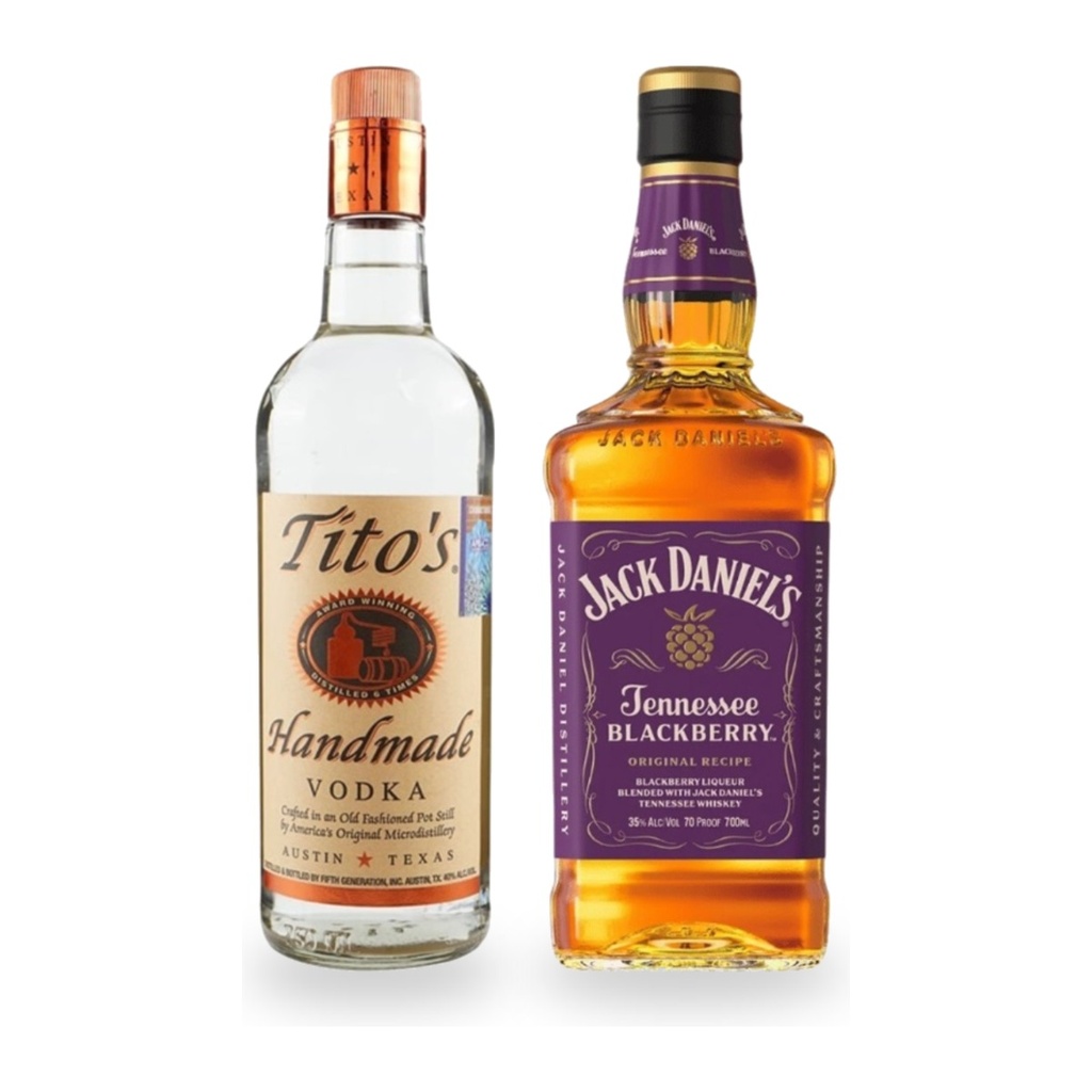 Promo 1 Vodka Titos 750cc + 1 Jack Daniels Blackberry 700cc
