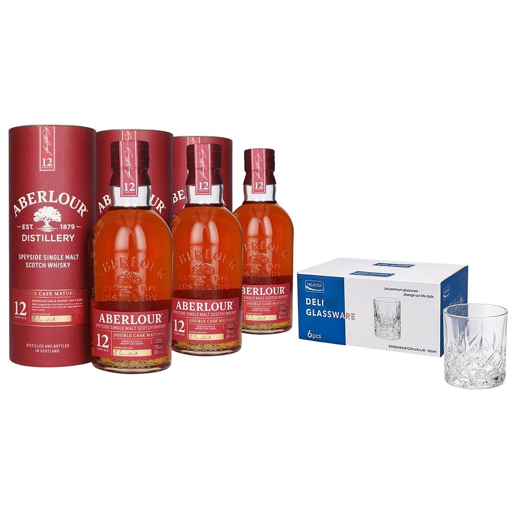 Promo x3 Whisky Aberlour 12yo Estuche 1x700cc + 6 Vasos