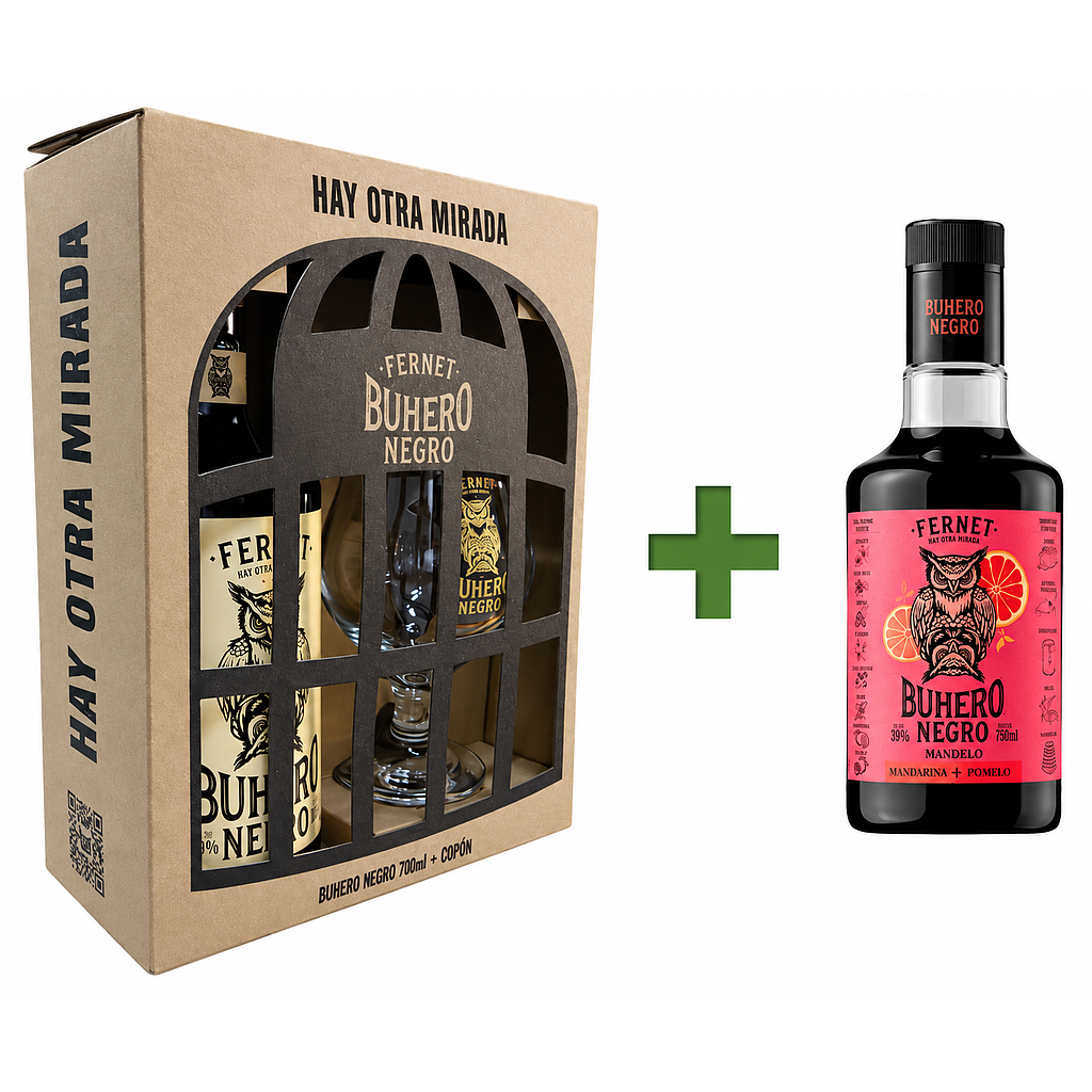 Promo x1 Estuche Fernet Buhero Negro 700cc + 1 Copa + 1 Mandelo 450cc